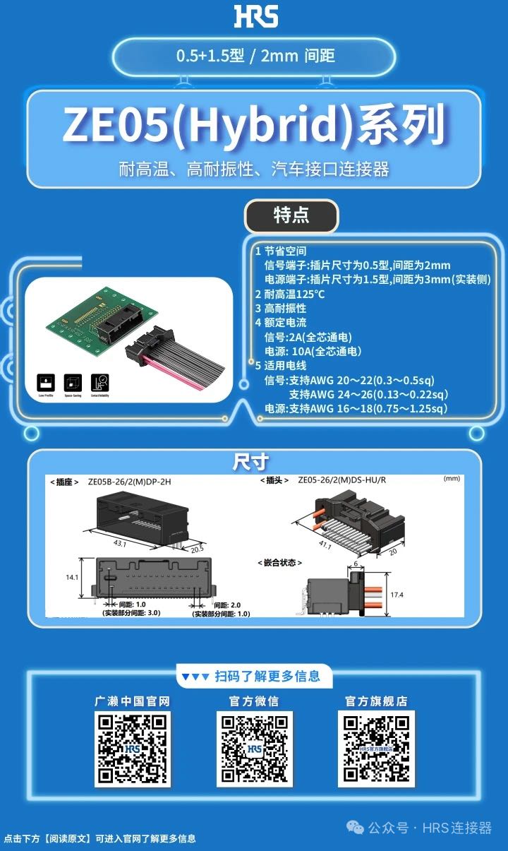 【產(chǎn)品推薦】耐高溫、高耐振性、汽車接口、電源信號混合型連接器ZE05系列